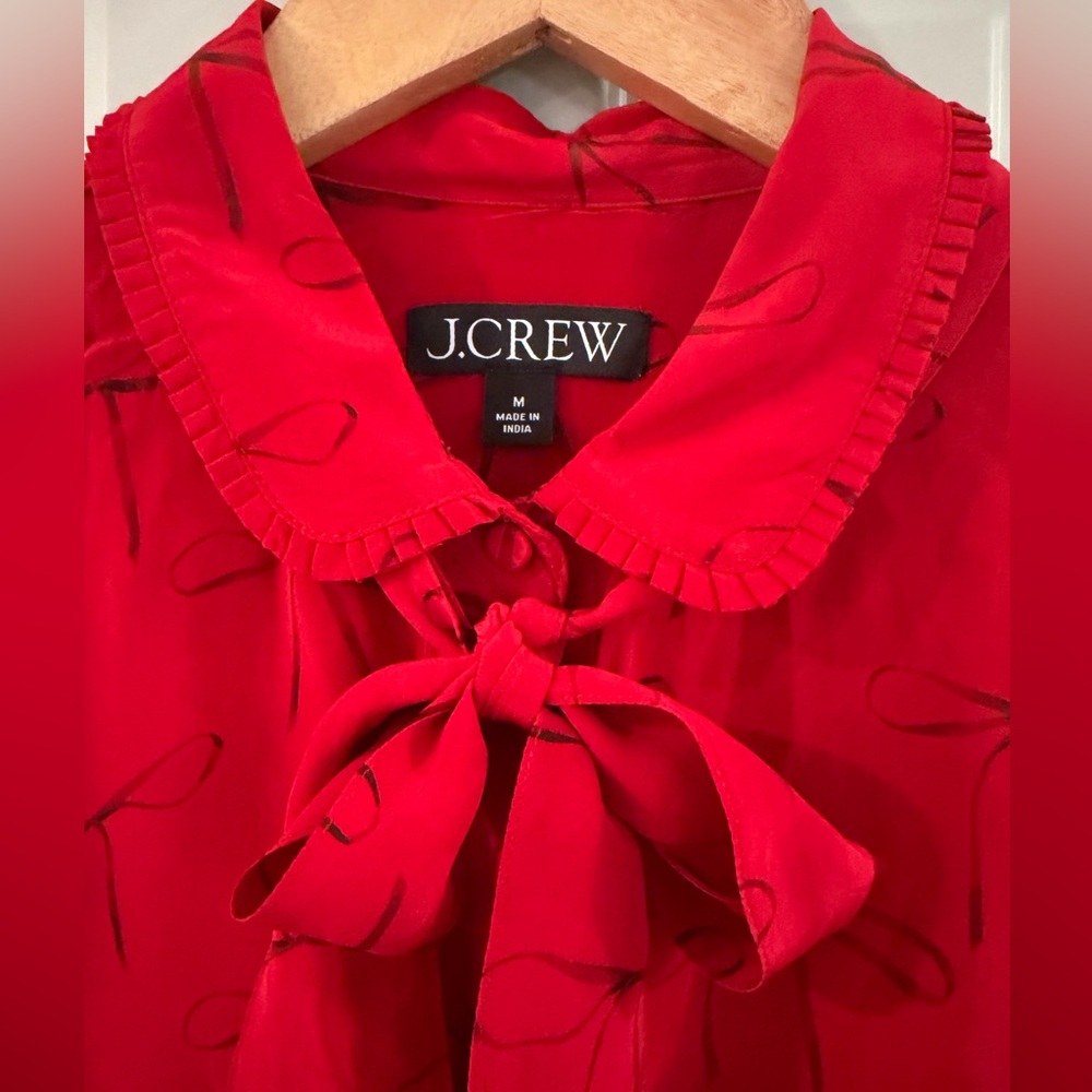J CREW Red Bow Print Button Up Shirt Removable Neck Tie Crepe de Chine Blouse - Picture 4 of 7